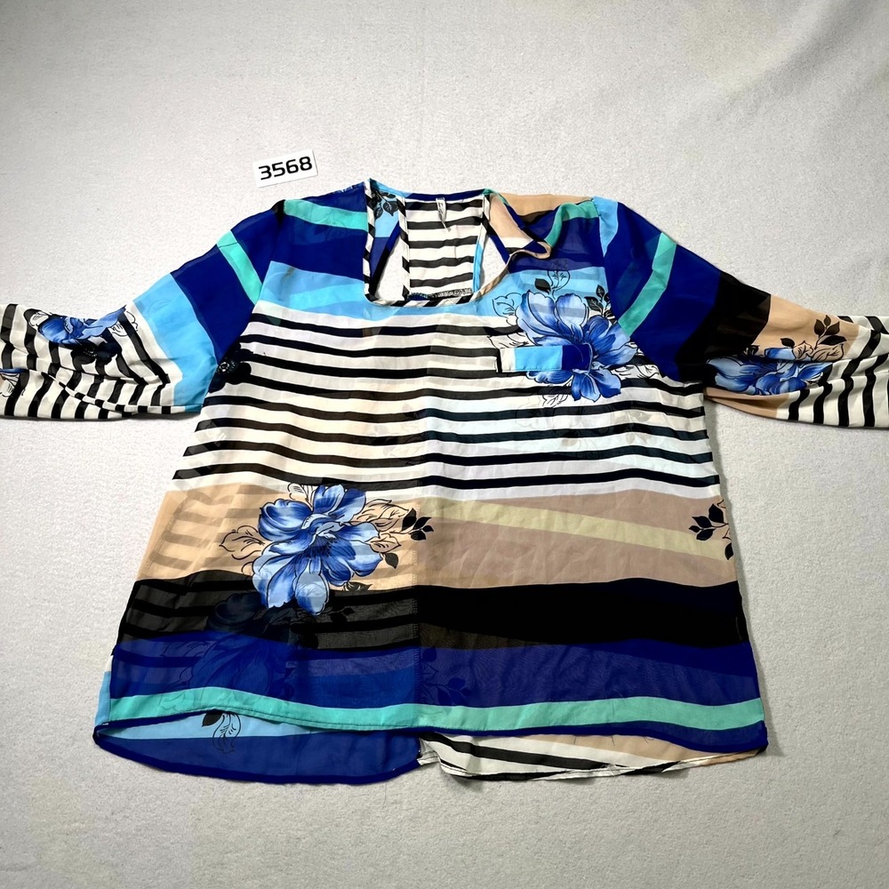 Womens Blouse 3XL Multicolor Floral Round Neck Keyhole Back Long Sleeve Pullover
